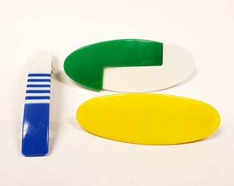 Vintage Abstract 1980s authentic metal and hard plastic barrettes lot of 3 Stripes yellow blue green clips