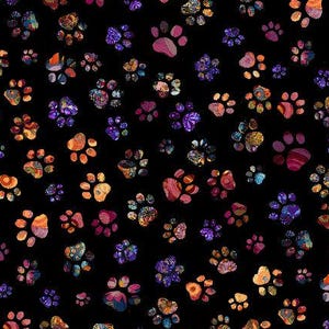 Calico Cats collection from Timeless Treasures, "Floral Paw Prints" on black ,   100% cotton Digital