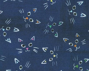 NIGHT -Whisker Wonderland collection - Kitty cat faces on Navy from Robert Kaufman fabrics, 100% cotton, LAST 32+ Inches