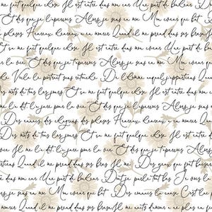 May include: Off-white fabric with a floral pattern and handwritten script. The text reads "STOLEN MOMENTS GARDEN VERSE-BLANC." The design features a vintage aesthetic, suitable for various craft projects or home decor.