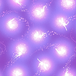 Puede incluir: Un fondo morado con un patrón repetitivo de siluetas de hadas blancas volando a través de un rastro de estrellas rosas.
