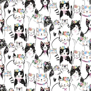 Pretty Cats & Florals on White Digital cotton, by Timeless Treasures