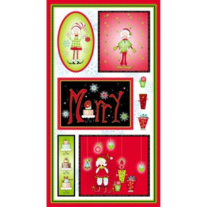 Puede incluir: Una tela de Navidad roja y verde con fondo blanco. La tela presenta un patrón repetitivo de duendes, regalos y la palabra "Merry".