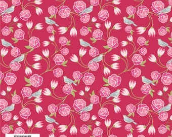 Stolen Moments, "Vintage Vines" on Rose- Birds and roses on blue - by Poppie Cotton,  100% Cotton Fabric