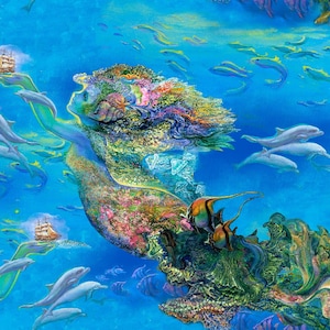 Call of the Sea, Watercolor &quot;Blue MerFairy Allover&quot;  by 3 Wishes Fabrics,  yard