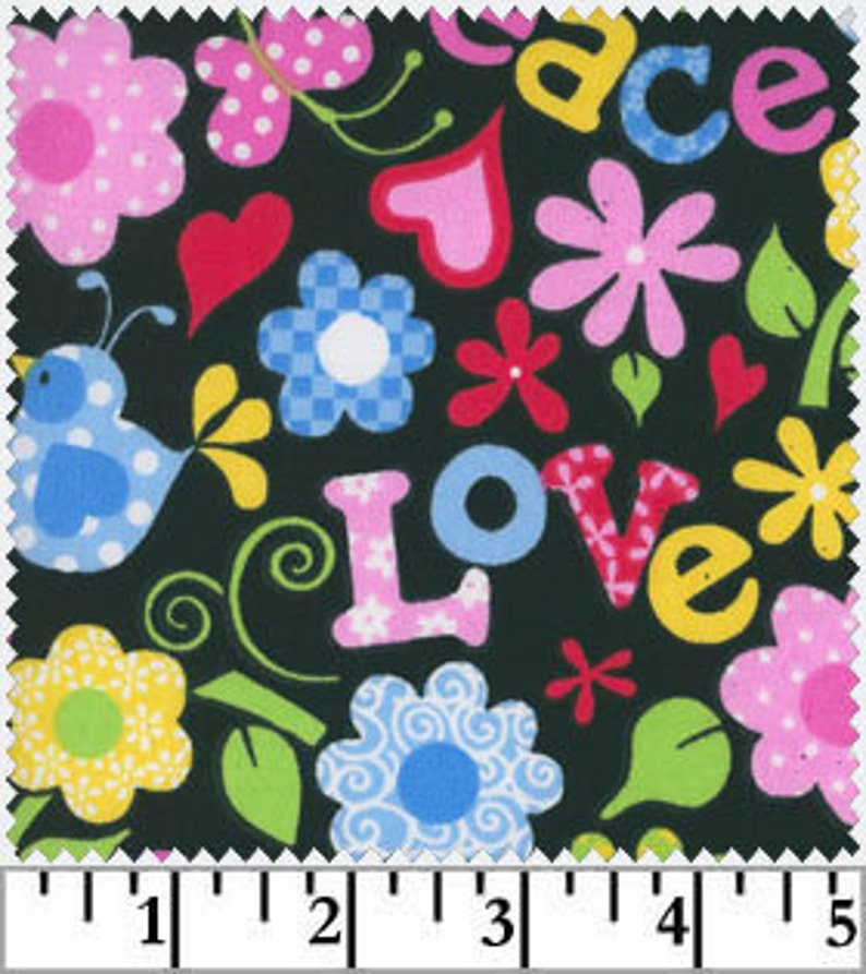 Crafty cottons Peace and Love on Black yard