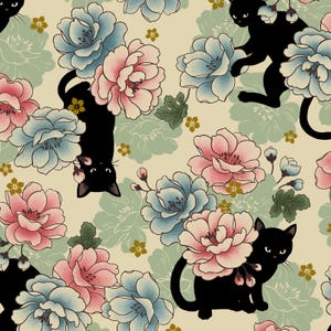 Quilt Gate Fabrics, Neko Mini Metallic  Cats , Cream Floral, 100% cotton