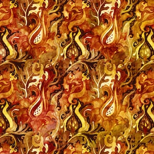 May include: A seamless pattern with a watercolor effect featuring intricate floral designs in shades of orange, yellow, and brown. The pattern is reminiscent of a traditional paisley design.