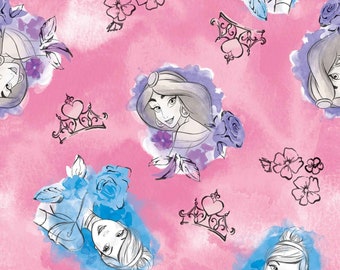 Disney Princess Toss on Pink, Character toss, Cinderella, Jasmine 100% Cotton,  1 yard