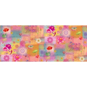 May include: A colourful patchwork fabric design with floral and geometric patterns. The design includes lotus flowers, dragonflies, and mandala-style circles in pink, orange, yellow, and teal. The overall aesthetic is vibrant and whimsical, with a mix of patterns.