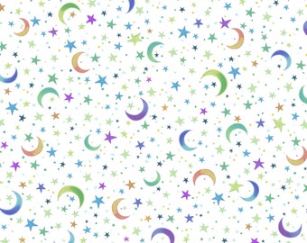 Hootie Patootie - Moon and Stars Toss on white, 100% cotton from P&B Textiles