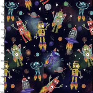 May include: A fabric pattern featuring colorful robots in space. The robots are various colors, including blue, green, yellow, and red, with rocket boosters. Planets, stars, and other space elements are scattered across the dark blue background.