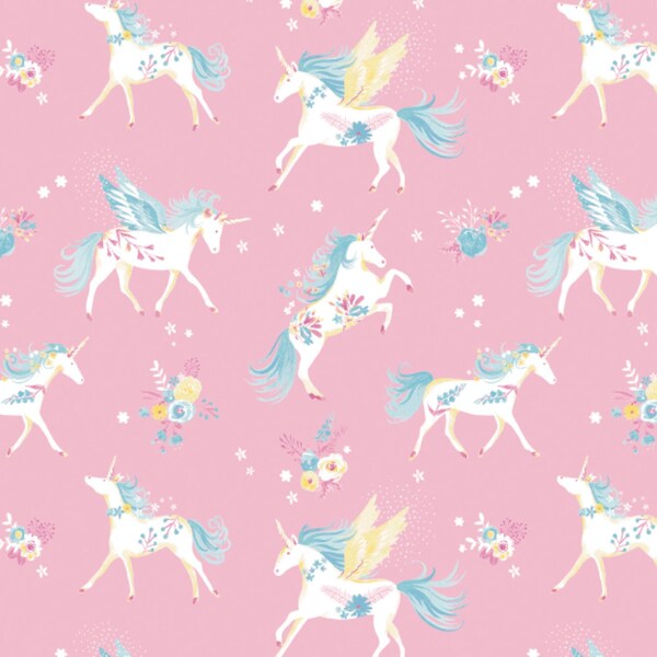 Camelot "The Girls Collection" Floral Unicorns on Pink By Laura Ashley, yard