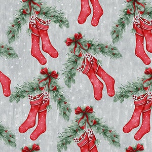Joyful Tidings! by Blank Quilting fabrics, Red Christmas Stockings on Silver yard