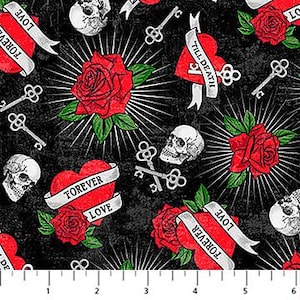 May include: Black fabric with a repeating pattern of red roses, hearts with "FOREVER LOVE" and "TILL DEATH" banners, skulls, and keys. The design includes green leaves and white radial lines, creating a gothic or romantic theme.