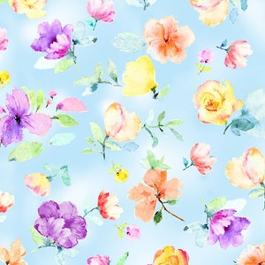 Aquarell Frühling Blumen und Knospen in blau aus zeitlosen Schätzen Stoffe, 100 % Baumwolle, Hof
