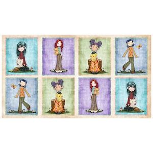 May include: A colorful fabric panel with a collage of eight illustrations of girls with animals. Each girl is wearing a different outfit and has a different hairstyle. The background is a patchwork of different colors and textures.