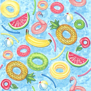 May include: A colorful illustration featuring various inflatable pool toys and fruit. The image includes a pink flamingo, watermelon slice, banana, pineapple, and several ring-shaped floats in yellow, pink, and green, all set against a blue water background.