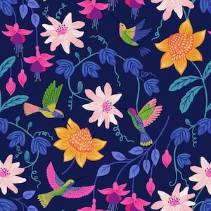 Hibiscus Hummingbird! Hummingbird Large Floral on Dark Blue from Lewis & Irene LTD, yard