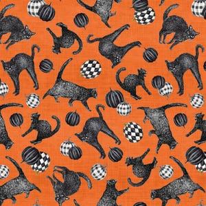 Studio E Fabrics, 'Fear Factory' Cat Toss on Orange, Pumpkins & Black Cats 100% katoen
