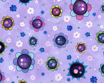 Hootie Patootie - Flower Toss on Purple, 100% cotton from P&B Textiles