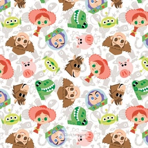 Disney Fabric, Toy Story II,  Buzz, Woody and Jessie, "Toys face Toss" on white, LAST 45 Inches