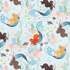 Under the Sea, Mermaids on Blue Digital 100% cotton, 1/2 Yard
