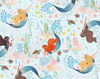 Under the Sea, Mermaids on Blue Digital 100% cotton