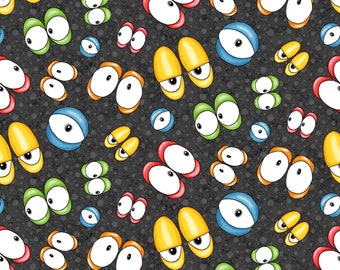 Monster'ocity  Collection, "Eyes - GLOW in the DARK" on Black, from Henry Glass Fabrics