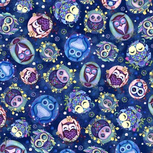 Hootie Patootie - Owl Toss on blue, 100% cotton from P&B Textiles