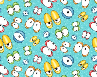 Monster'ocity  Collection, "Eyes - GLOW in the DARK" on Aqua, from Henry Glass Fabrics