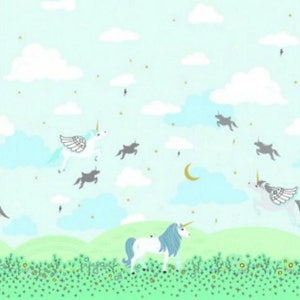 Michael Miller, Metallic Aqua Magic Meadow Unicorn Double Border Print , yard