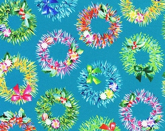 GLOW, Glow Wreaths on blue from Designer Wishwell for Robert Kaufman fabrics, yard