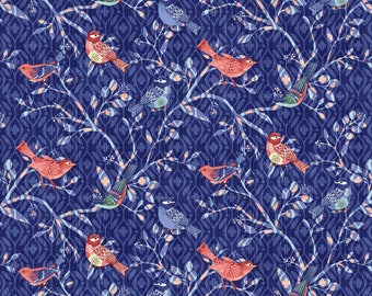Tissus Studio E, « Bella Blue Birds », branches d'oiseaux sur bleu indigo, 100 % coton