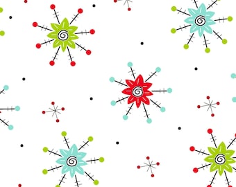 May include: A seamless pattern featuring a repeating design of stylised red, green and blue flowers with black outlines on a white background.