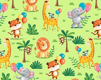 Party Animals Collection, "Animals Scenic" in Green, from Henry Glass Fabrics