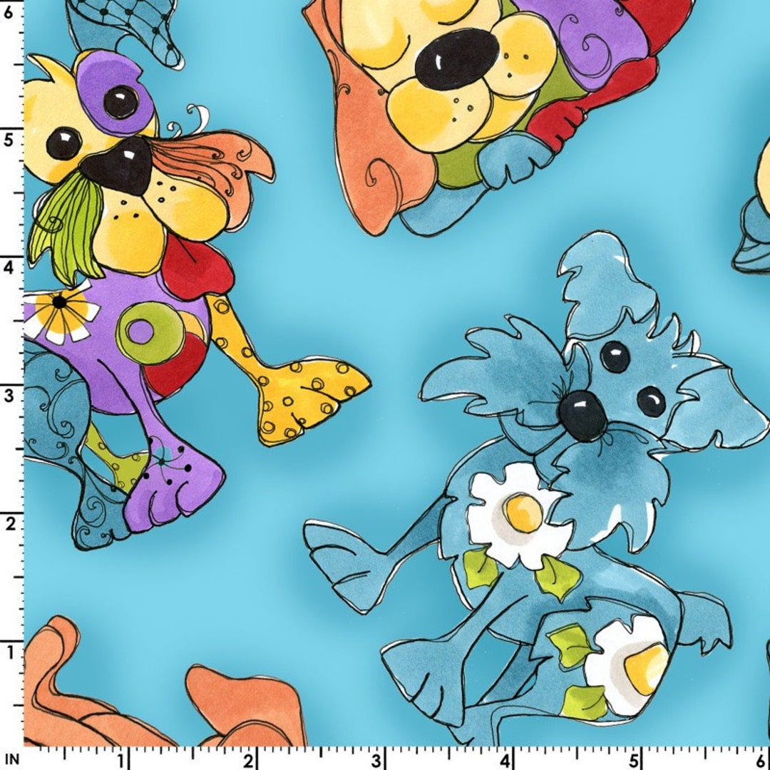 joy-dog-by-loralie-dog-toss-on-blue-quilting-treasures-yard-etsy