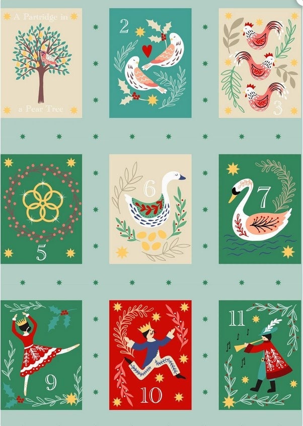 12 Days of Christmas, 12 Day Blocks on light blue- Metallic, from Lewis & Irene LTD, blocks measure 2.25" X 3", yard