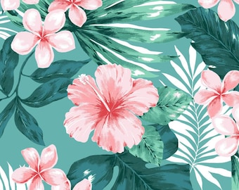 May include: A tropical pattern featuring pink hibiscus and plumeria flowers with green and white leaves on a teal background. The floral design is a seamless repeat, perfect for fabric or wallpaper.