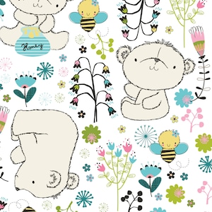 May include: A seamless pattern featuring white teddy bears, bees, and colorful flowers. The bears are holding honey pots and the bees are flying around the flowers. The background is white.