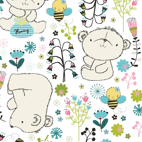 Camelot fabrics, Theodore the Bear on White, yard