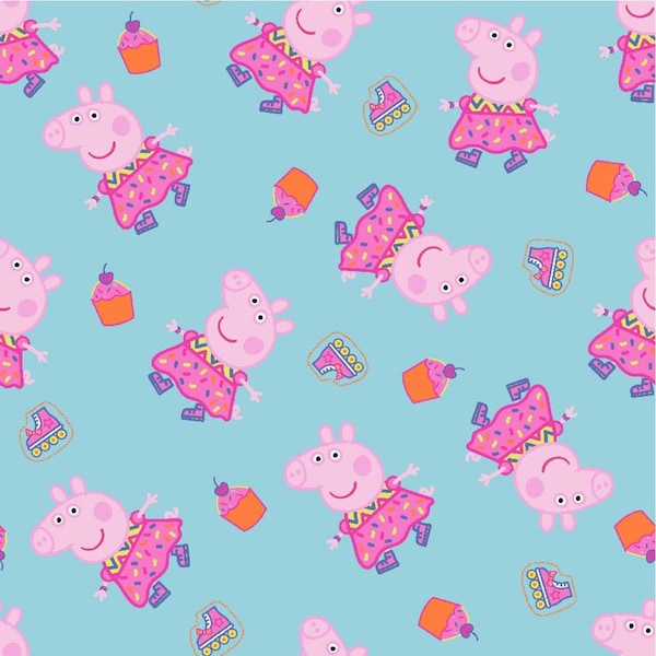 Nickelodeon, Peppa Pig,  Peppa Cupcakes on blue Cotton fabric, LAST Yard