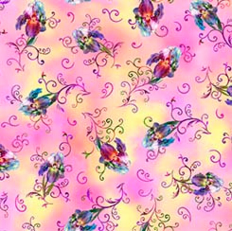 May include: A pink and yellow watercolor background with a repeating pattern of purple and blue iris flowers with green stems and leaves. The flowers are surrounded by swirling pink lines.
