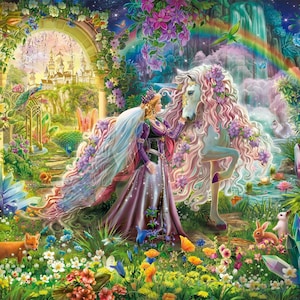 May include: A magical scene featuring a woman in a purple gown and a white veil standing beside a white unicorn with a pink mane and tail. The unicorn and woman are surrounded by flowers and crystals in a lush garden setting. A rainbow arches over the scene, and a castle can be seen in the distance.