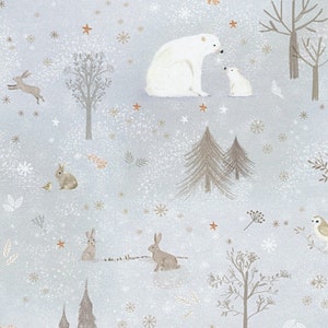 May include: A snowy winter scene with a white polar bear and cub, brown rabbits, and trees. The background is a light blue with white snowflakes.