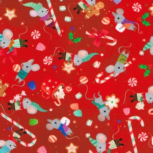 Jingle Pals, bastones de caramelo y ratones en rojo, Robert Kaufman, tela 100 % algodón