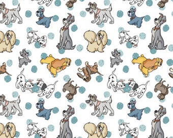 May include: White fabric with a repeating pattern of cartoon dogs. The dogs are in various poses and include Dalmatians, Lady and the Tramp, and other breeds. The background is white with blue polka dots.