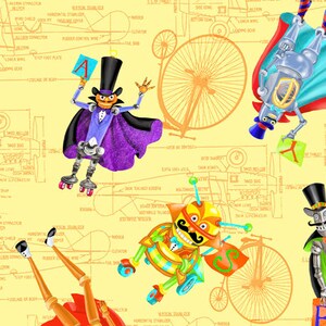May include: A yellow background with a whimsical design featuring three robots with top hats, capes, and roller skates. The robots are holding letters A, C, and Y. The background is filled with a blueprint design.