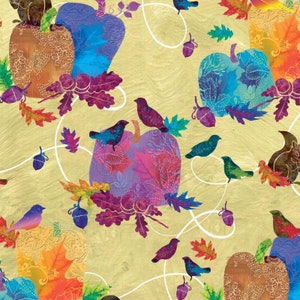 May include: A colorful autumn-themed pattern featuring pumpkins, leaves, acorns, and birds. The pumpkins are in shades of blue, purple, and brown, with intricate embossed details. Leaves are in red, orange, and purple. Birds are perched on the pumpkins.