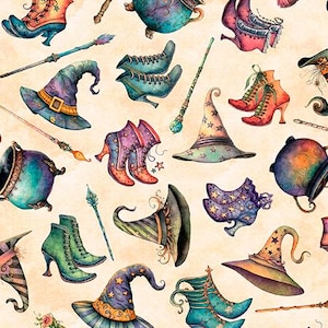 May include: A repeating pattern on a light beige background featuring watercolor illustrations of pointed hats, lace-up boots in various colors, and slender wands. The hats are decorated with stars, and the boots feature intricate lacing details.